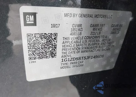 2018 Chevrolet Malibu Lt из США, поврежденный, VIN 1G1ZD5ST5JF149608